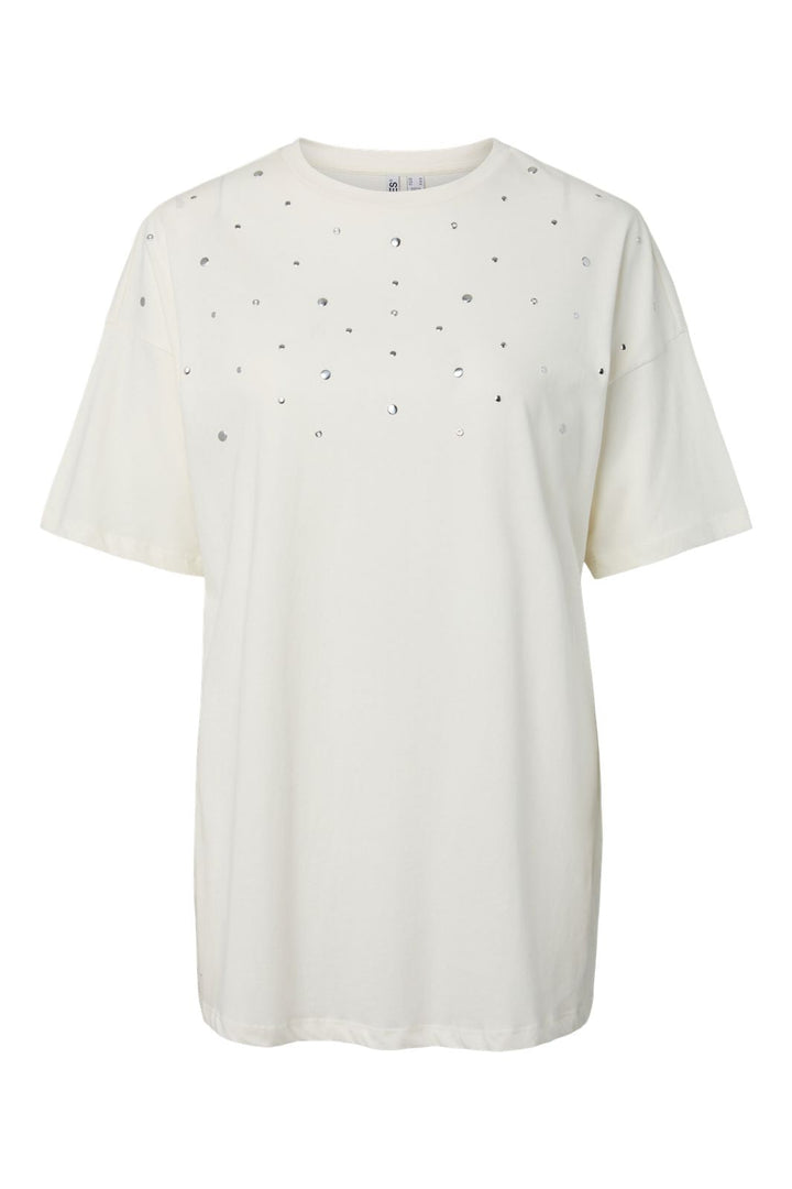 Pieces - Pcskylar Ss Detail Tee Fsy Pp - 5036991 Cloud Dancer Rhinestone/Studs