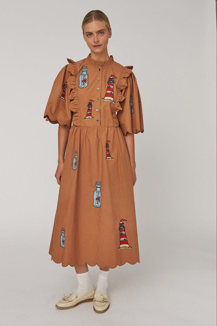 Stella Nova - Embroidered Midi Dress With Scallopseb61-4430 - 869 Brown Kjoler 