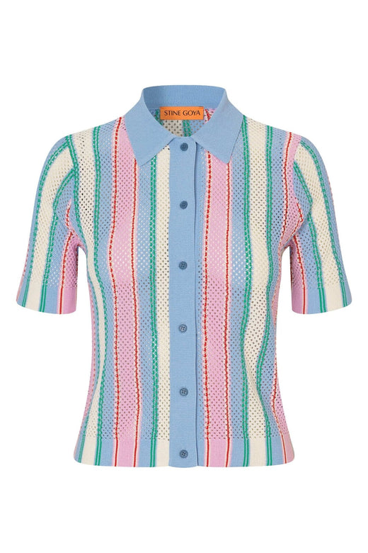 Stine Goya - 2100 Tricot Knit, Short Sleeve Crochet Polosg-pf25-k038-2100 - Pastel Stripes