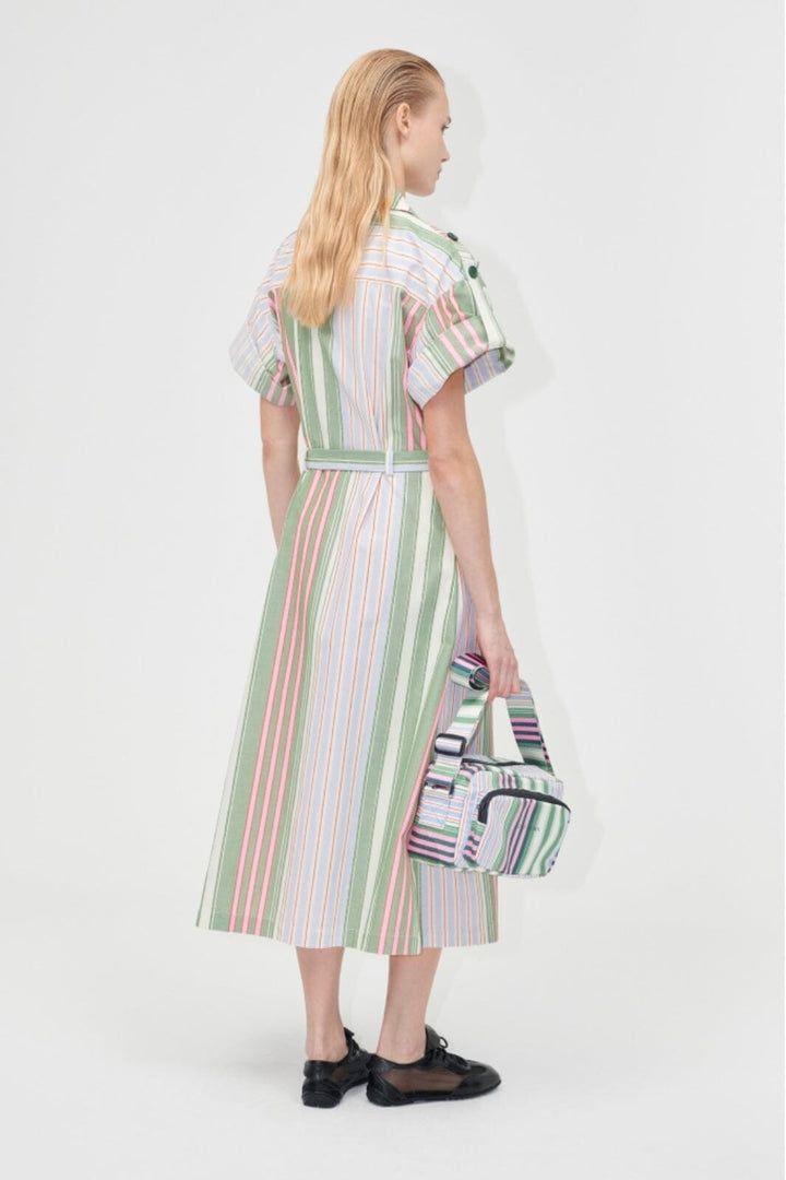 Stine Goya - 2363 Striped Cotton, Workwear Midi Dresssg-pf25-d091-2363 - Forest Stripe
