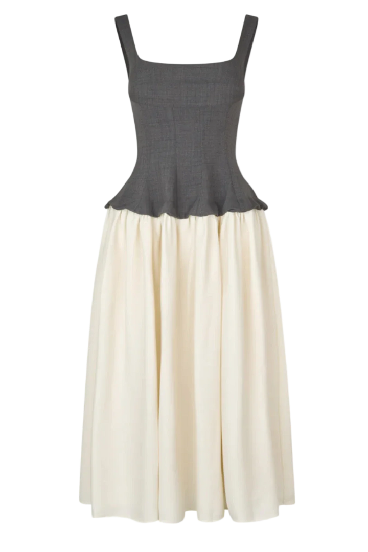 Stine Goya - 2409 Textured Tailoring, Corset Long Dresssg-ps26-d208-2409 - Melange Grey / Cream Kjoler 