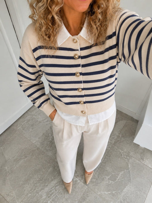 Valentin Studio - Shirt Knit Ch171076b - Crème/Navy Strikbluser 