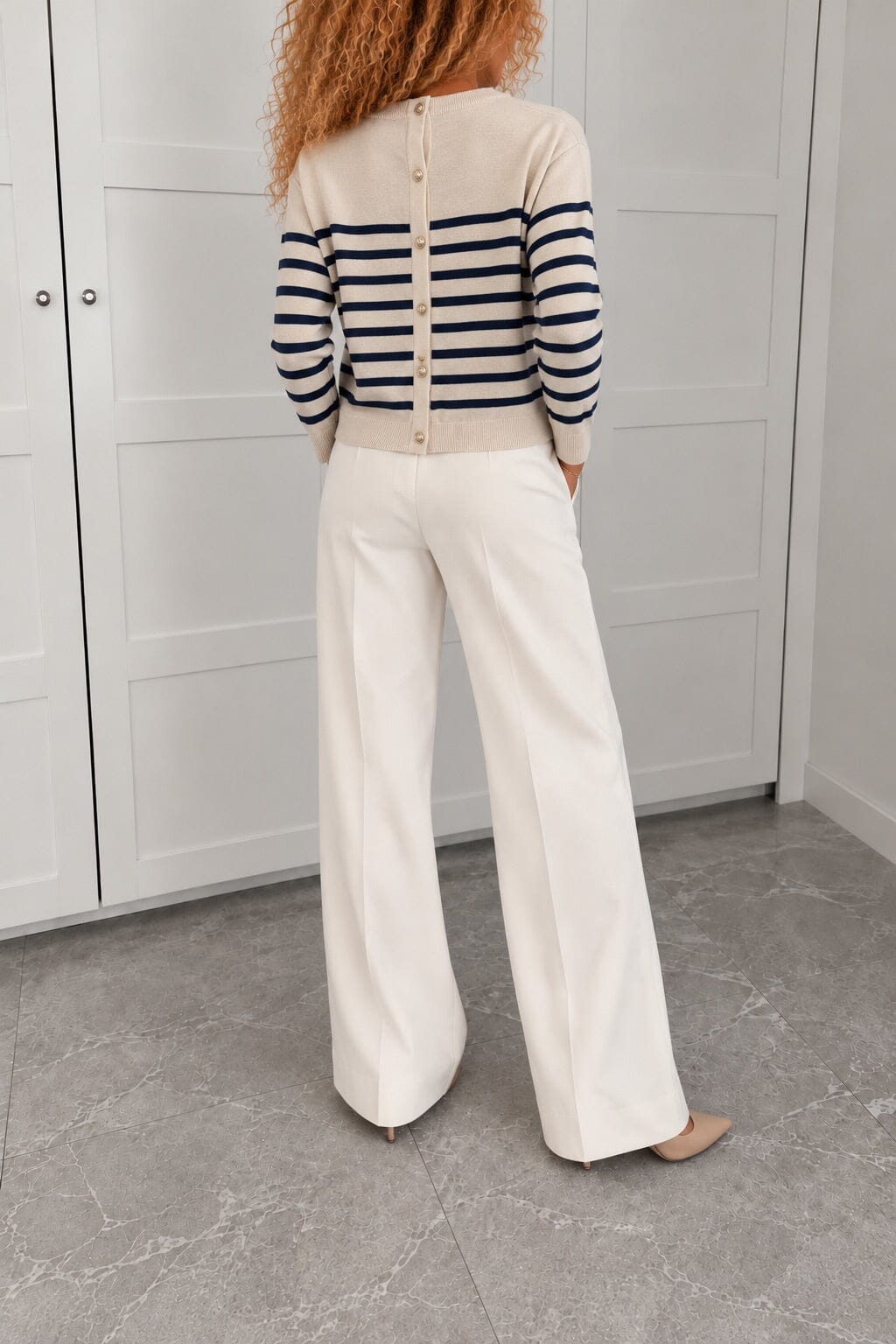 Valentin Studio - Stribe Button Knit Ch171077b - CrèMe/Navy Strikbluser 