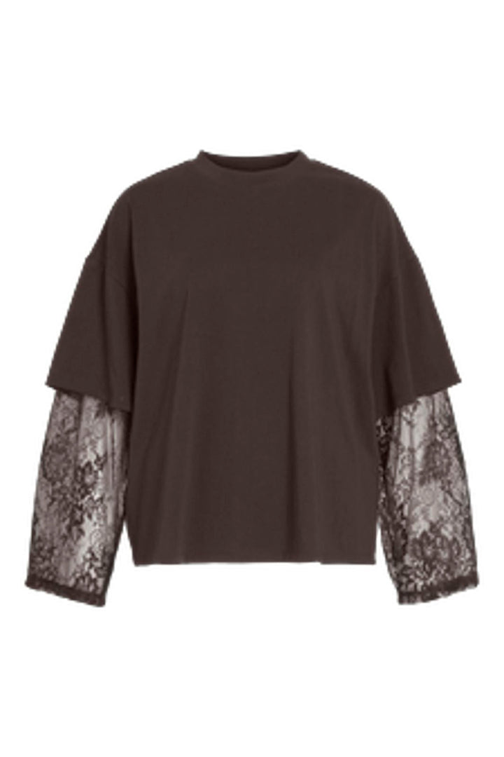 Vila - Viabia L/S Lace Sleeve T-Shirt - 5143649 Coffee Bean