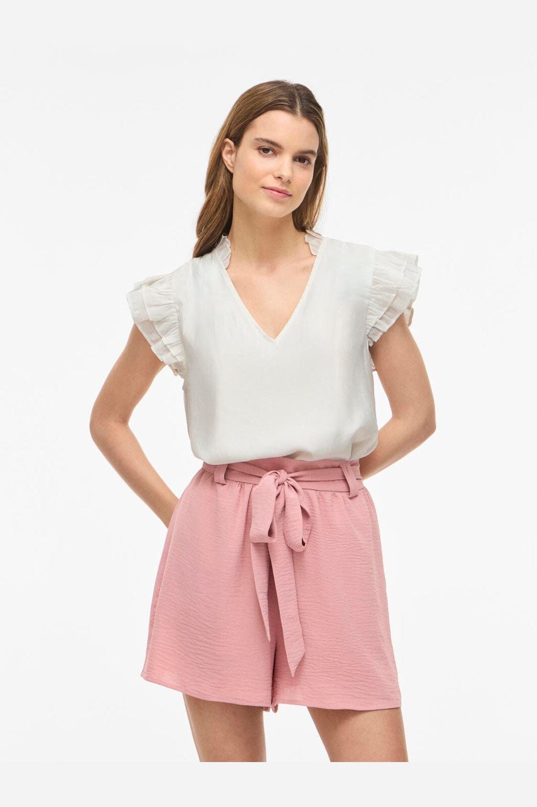 Vila - Vianu S/L V-Neck Top/Rn - 5037895 Snow White